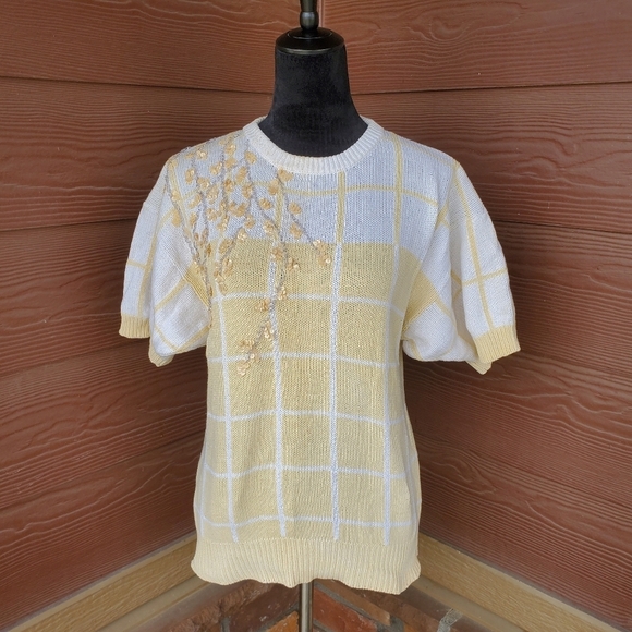 La Relle Women's Yellow and White Short Sleeve Embellished Vintage Sweater MED - Picture 15 of 16
